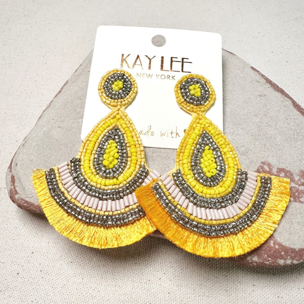 NWT Kay Lee Seed Beaded Southwestern Boho Yellow‎ Earrings Handmade